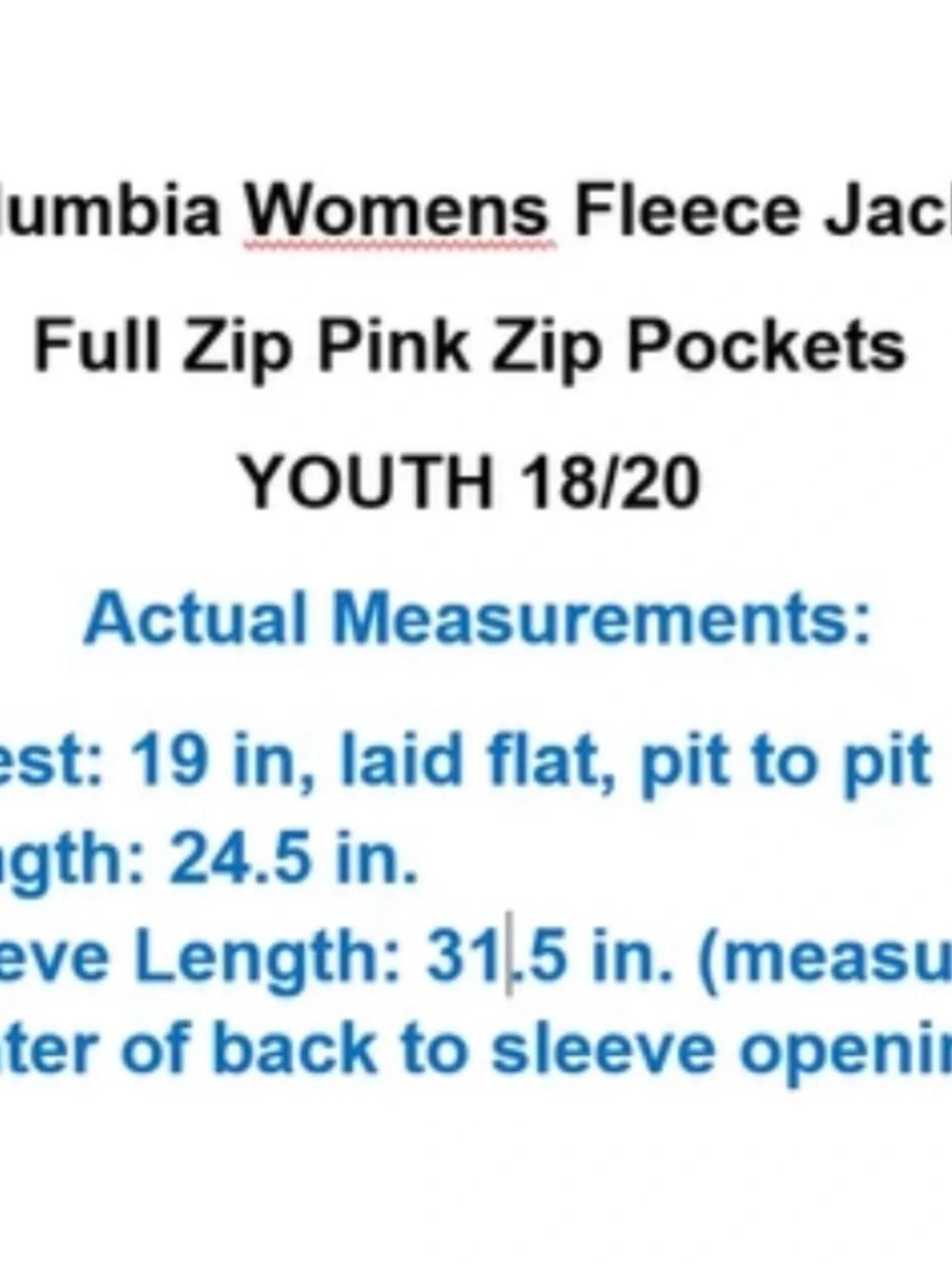 Columbia Pink Fleece Full Zip Jacket Juniors 18/20 Pockets Youth